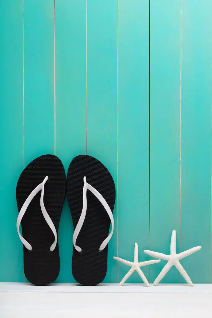 sandals propped against blue door with starfish