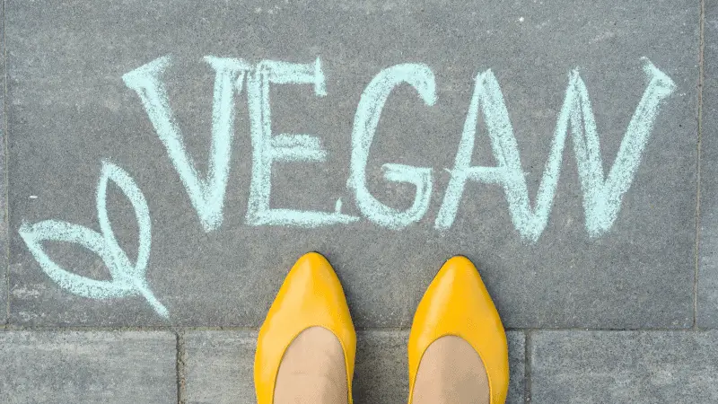 Chalk sidewalk art saying vegan with shoes